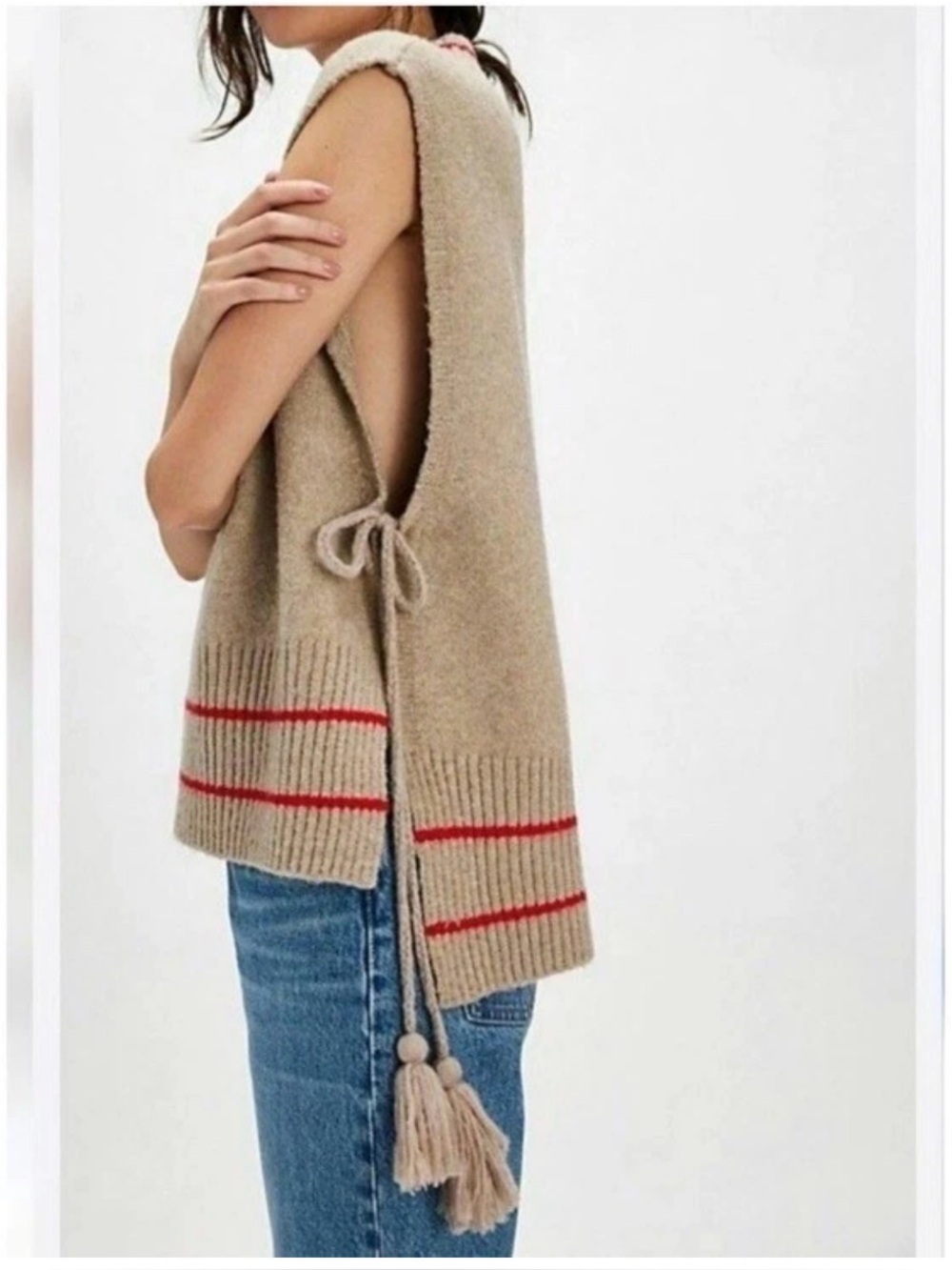 Free People All Star Stripe Poncho Sweater Vest Side Tie Tassel Taupe tan red
